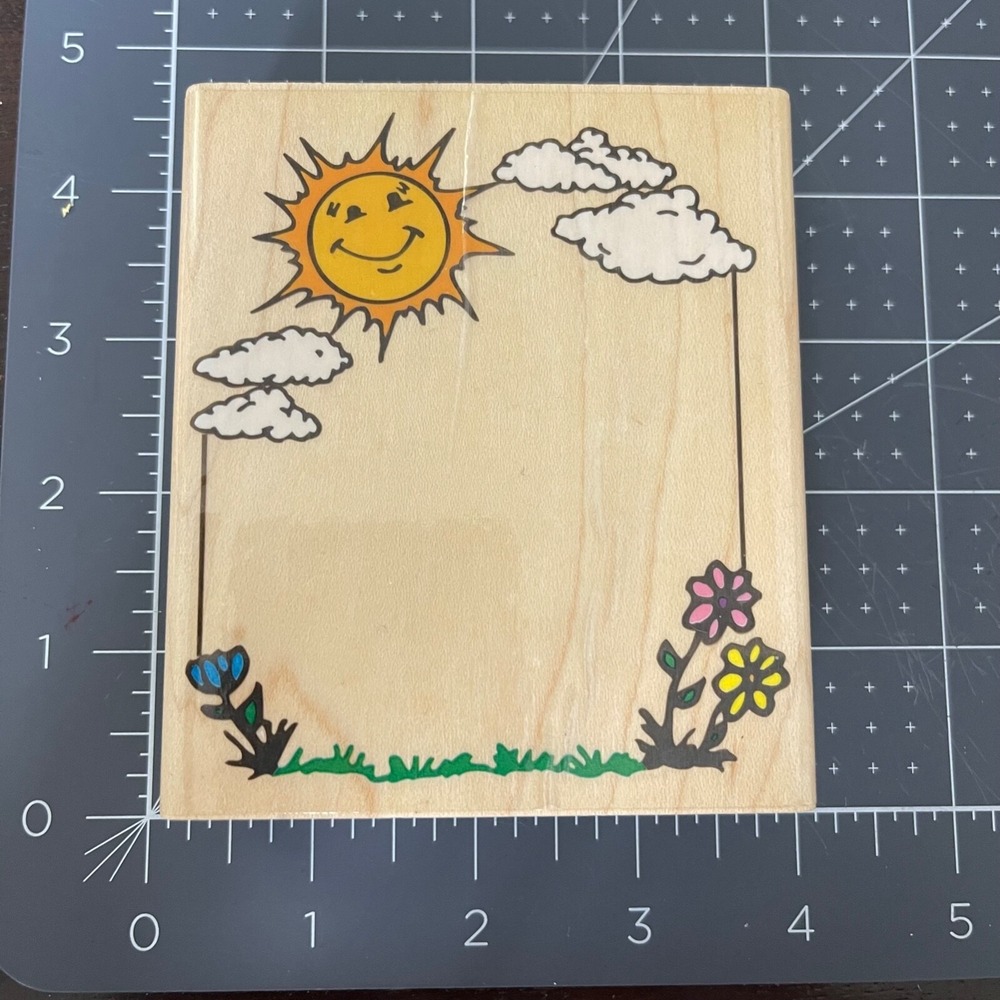 Inkadinkadoo 4820 - Sunshine, Clouds, Flowers; Outline / Frame Rubber Stamp